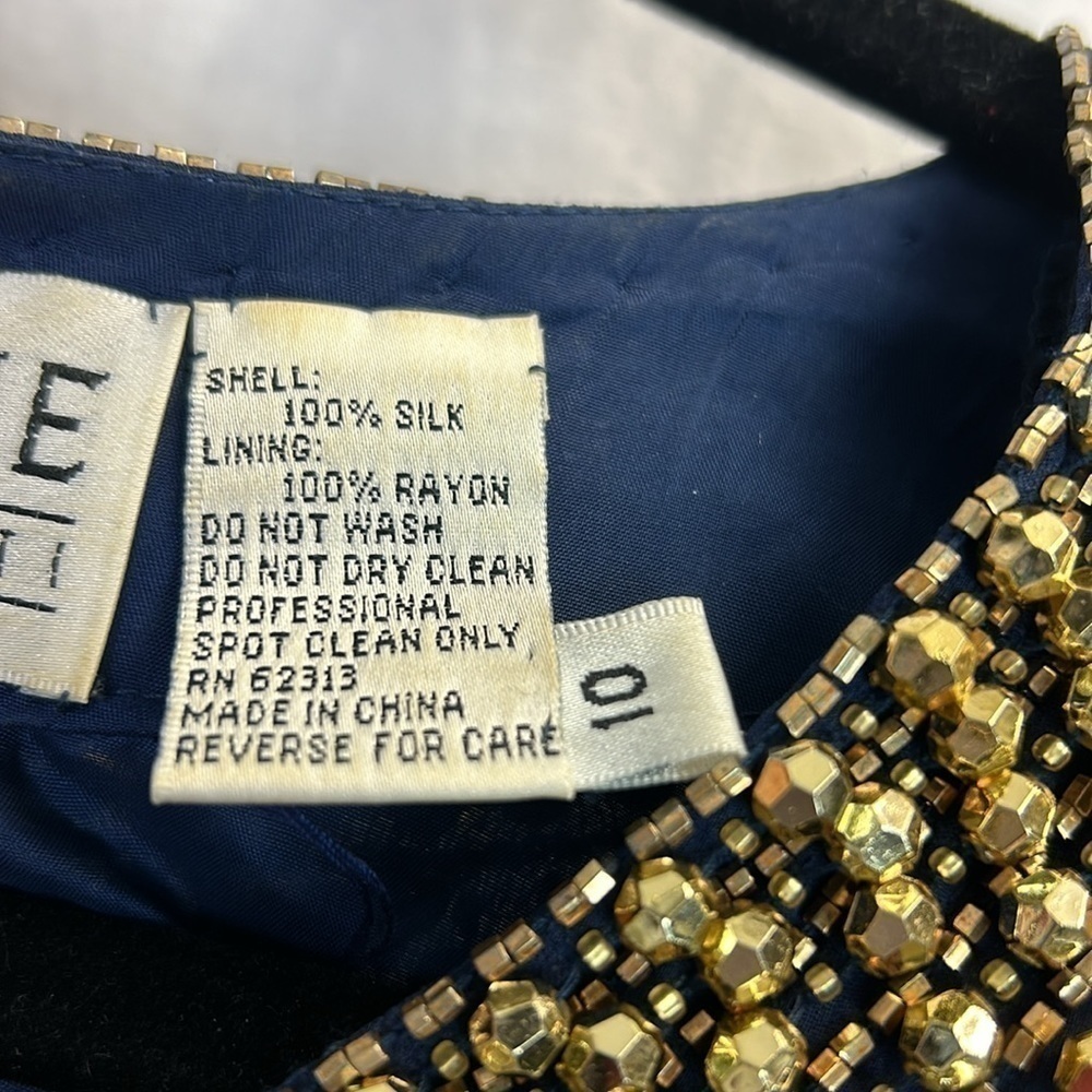 OLEG CASSINI BlackTie Navy Blue & Gold Silk Shimmery Dress W/Beads & Seq… - Picture 7 of 9